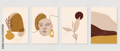 Set of abstract botanical wall art vector. Leaves, woman, gold lines, leaf branch, organic shapes in line art style. Luxury wall decoration collection design for interior, poster, cover, banner. 