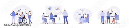 Business people illustration set. Diverse characters and persons with disability working together at office. People talking with colleagues and planning financial strategy. Vector illustration.