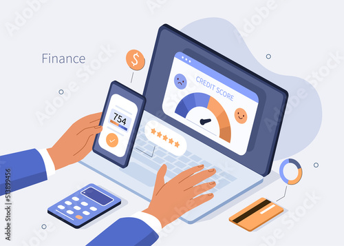 Credit report isometric. Characters with good credit score receiving loan approval from bank. Personal finance concept. Vector illustration.