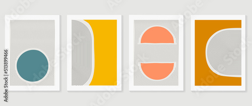 Set of abstract colorful wall art vector. Line art, geometric, organic shapes, pencil line in retro style. Watercolor texture wall decoration collection design for interior, poster, cover, banner. 