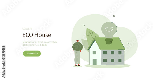 Characters standing near private eco house. Renewable energy and saving electricity concept. Vector illustration.