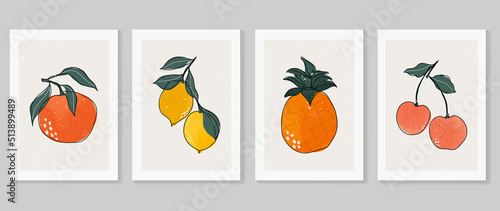 Set of abstract fruit wall art vector. Orange, lemon, pineapple, cherry, leaves with watercolor texture. Line art wall decoration collection design for interior, poster, cover, banner.