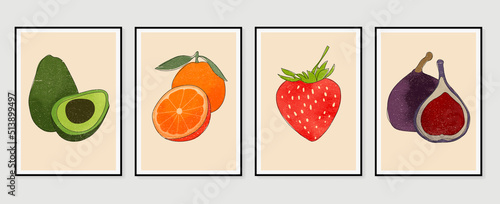 Set of abstract fruit wall art vector. Oranges, avocado, strawberry, leaves, figs with watercolor texture. Line art wall decoration collection design for interior, poster, cover, banner.