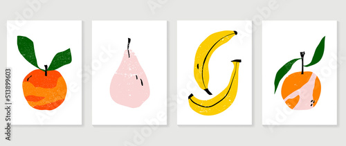 Set of abstract fruit wall art vector. Pear, apple, bananas, leaves, orange with watercolor texture. Line art wall decoration collection design for interior, poster, cover, banner.