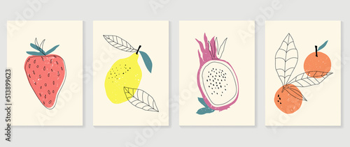 Set of abstract fruit wall art vector. Strawberry, lemon, dragon fruit, oranges, leaves with watercolor texture. Line art wall decoration collection design for interior, poster, cover, banner.