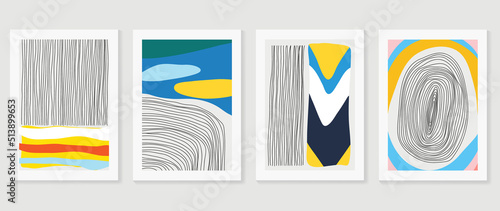 Set of abstract colorful wall art vector. Line art, geometric, organic shapes, pencil line in retro style. Watercolor texture wall decoration collection design for interior, poster, cover, banner. 
