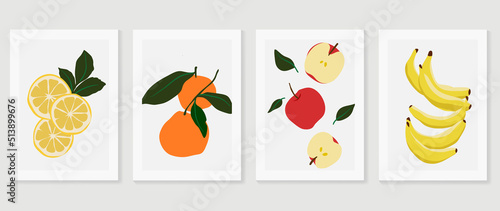 Set of abstract fruit wall art vector. Lemon, oranges, apples, bananas, leaves with watercolor texture. Tropical fruits wall decoration collection design for interior, poster, cover, banner.
