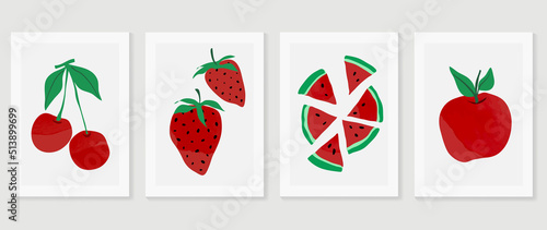 Set of abstract fruit wall art vector. Watermelon, strawberry, cherry, apple, leaves with watercolor texture. Red fruits wall decoration collection design for interior, poster, cover, banner.