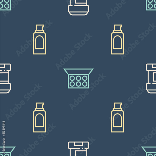 Set line Antiperspirant deodorant roll, Spray can for hairspray and Makeup powder with mirror on seamless pattern. Vector
