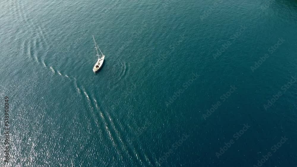 Europe, Italy , Portofino, Liguria - Drone aerial view of Portofino harbor with typical colored houses - boats and amazing sea bay surrounded by nature in Portofino natural park - Tourist attraction 
