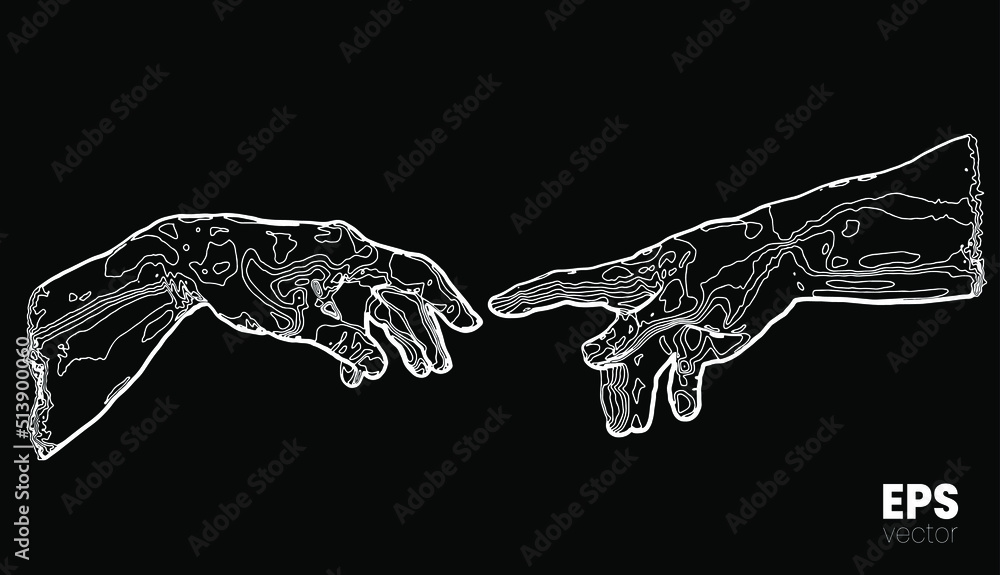 Vector illustration of hands reaching out for touch in white relief curves halftone vintage style design isolated on black background. - obrazy, fototapety, plakaty 