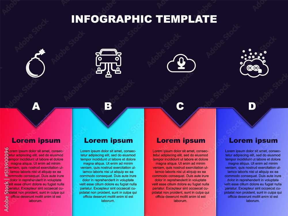 Set line Bomb ready to explode, Car sharing, Music streaming service and CO2 emissions cloud. Business infographic template. Vector Set line Bomb ready to explode, Car sharing, Music streaming service and CO2 emissions cloud. Business infographic template. Vector