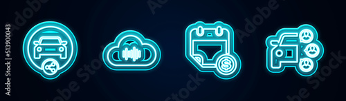 Set line Car sharing, Music streaming service, Financial calendar and . Glowing neon icon. Vector