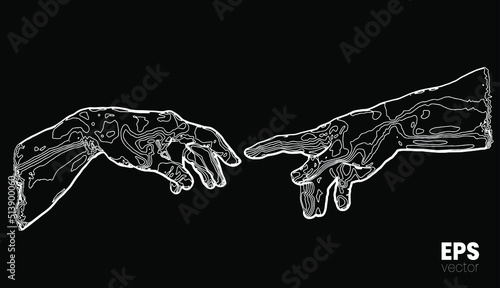 Vector illustration of hands reaching out for touch in white relief curves halftone vintage style design isolated on black background.