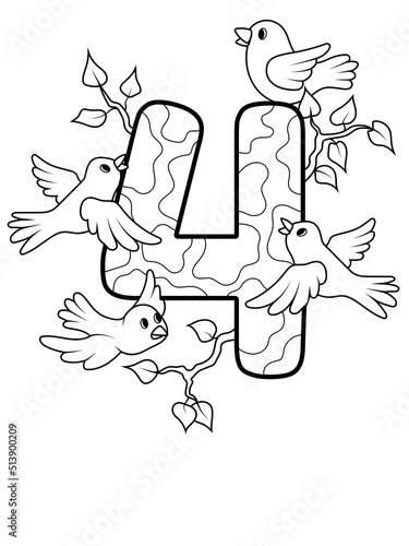Coloring page - Numbers. Education and fun for childrens. Printable sheet - 4 four and birds