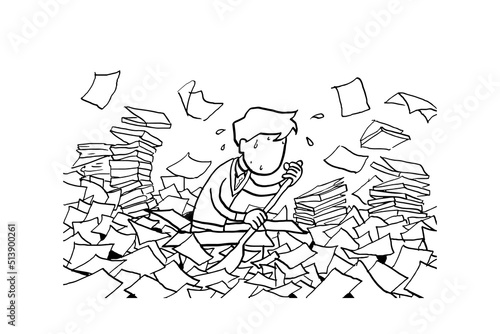 Male worker rowing the paper boat on ocean of documents. Concept for bureaucracy. Cartoon vecto illustration design