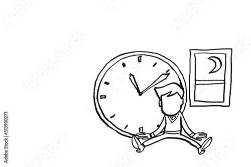 OFfice worker exhausted sitting on the floor till late night. Concept of overwork and burnout. Cartoon vector illustration design