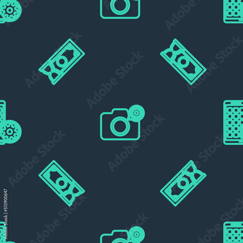 Set line Photo camera setting, Fast payments and Mobile Apps on seamless pattern. Vector