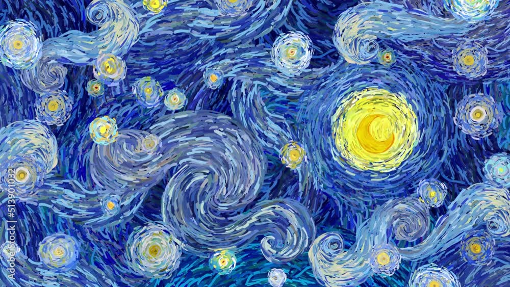 4k animation of cloudy sky and glowing moon in starry night sky in impressionist flat colors style. 4k animation of cloudy sky and glowing moon in starry night sky in impressionist flat colors style.