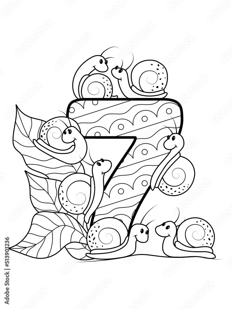 Fototapeta premium Coloring page - Numbers. Education and fun for childrens. Printable sheet - 7 seven and snails on foliage