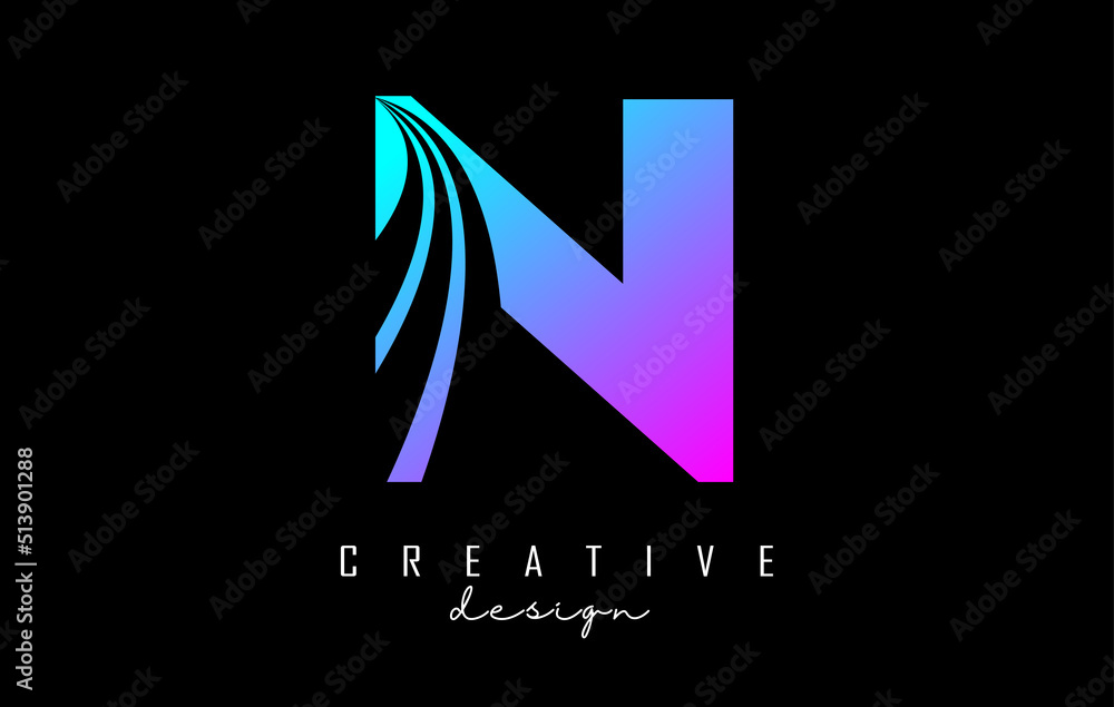 Colorful letter N logo with leading lines and road concept design. Letter N with geometric design.