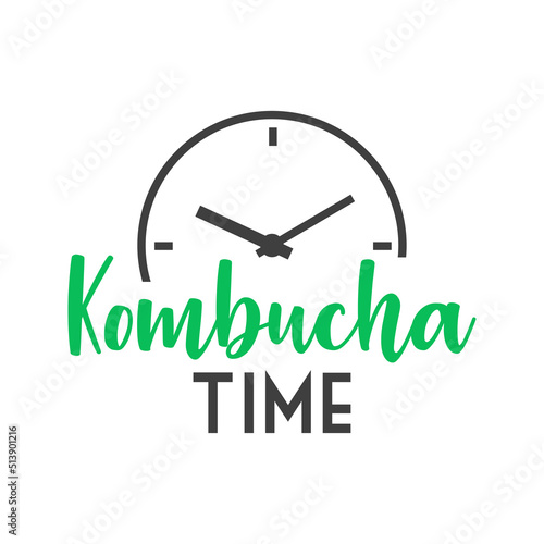 Banner con texto manuscrito Kombucha. Logo bar de té. Vector con silueta de esfera de reloj simple con líneas. Color verde y gris