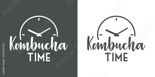 Banner con texto manuscrito Kombucha Time. Logo bar de té. Vector con silueta de esfera de reloj simple con líneas. Fondo gris y fondo blanco