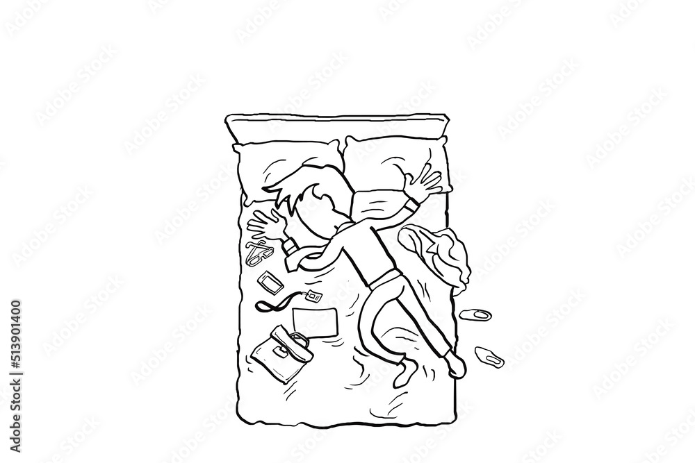 Overworked exhausted businessman slept right after come back home. Cartoon vector illustration design Overworked exhausted businessman slept right after come back home. Cartoon vector illustration design