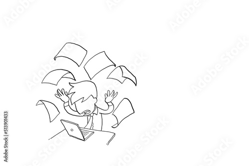 Stressed worker throwing paper everywhere. Concept of burnout. Cartoon vector illustration design