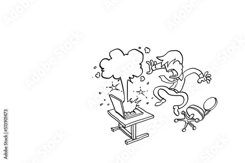 Businessman shocked and jumped from his chair because his laptop exploded. Cartoon vector illustration design