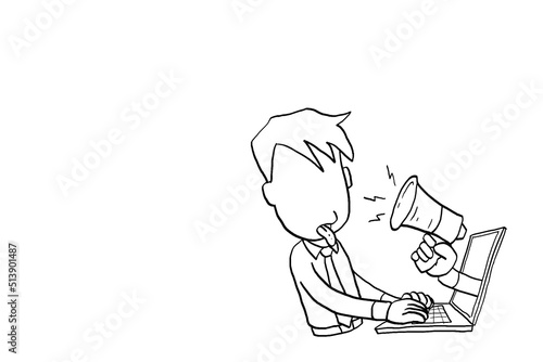 Businessman tired getting shouted and spammed with unnecessary online information. Cartoon vector illustration design