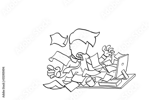 Computer vomiting paper make a worker stunned. Concept of overload work. Cartoon vector illustration design