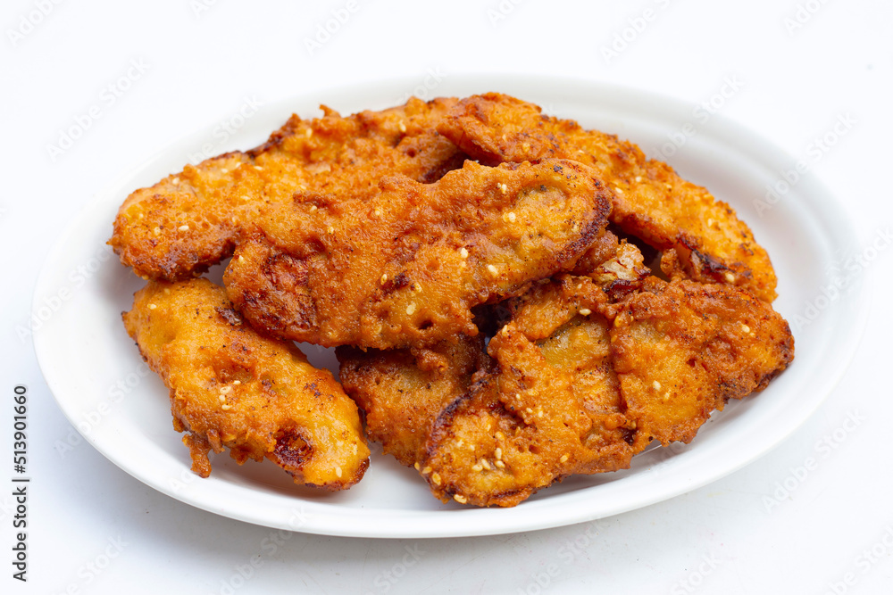 Deep-fried sliced banana on white background Deep-fried sliced banana on white background