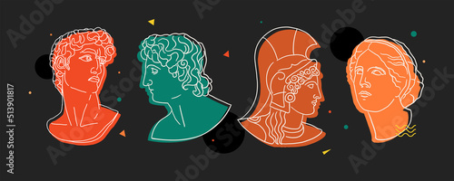Classic statues in trendy modern style. Colorful heads of antique sculptures. Classical sculptures of mythological characters. Ancient Greek gods for design of clothes, posters, hopping bags, shops.