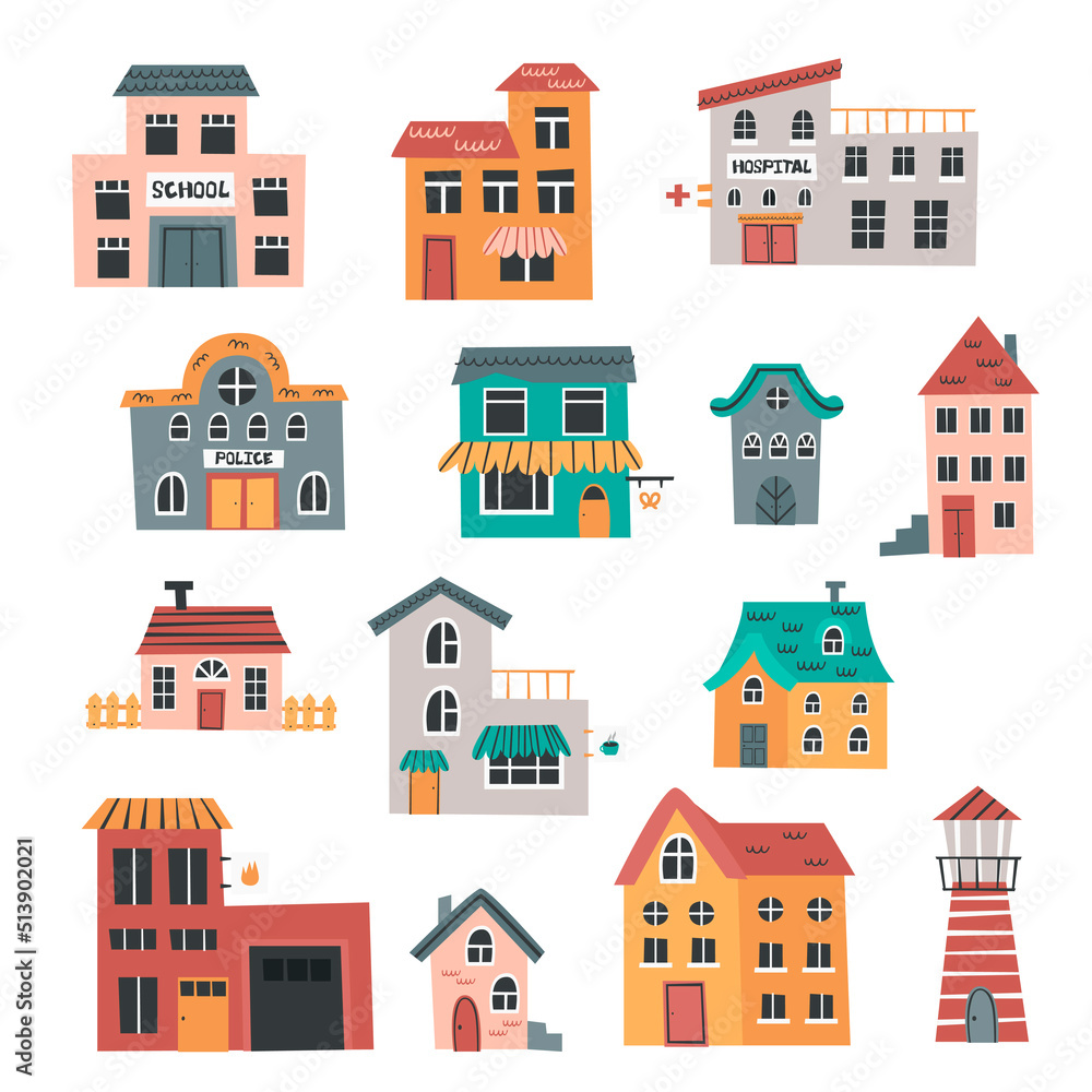 Set of cute city buildings and houses
