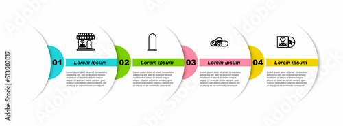 Set line Sex shop building, Condom safe sex, Pills for potency and Disc with inscription. Business infographic template. Vector