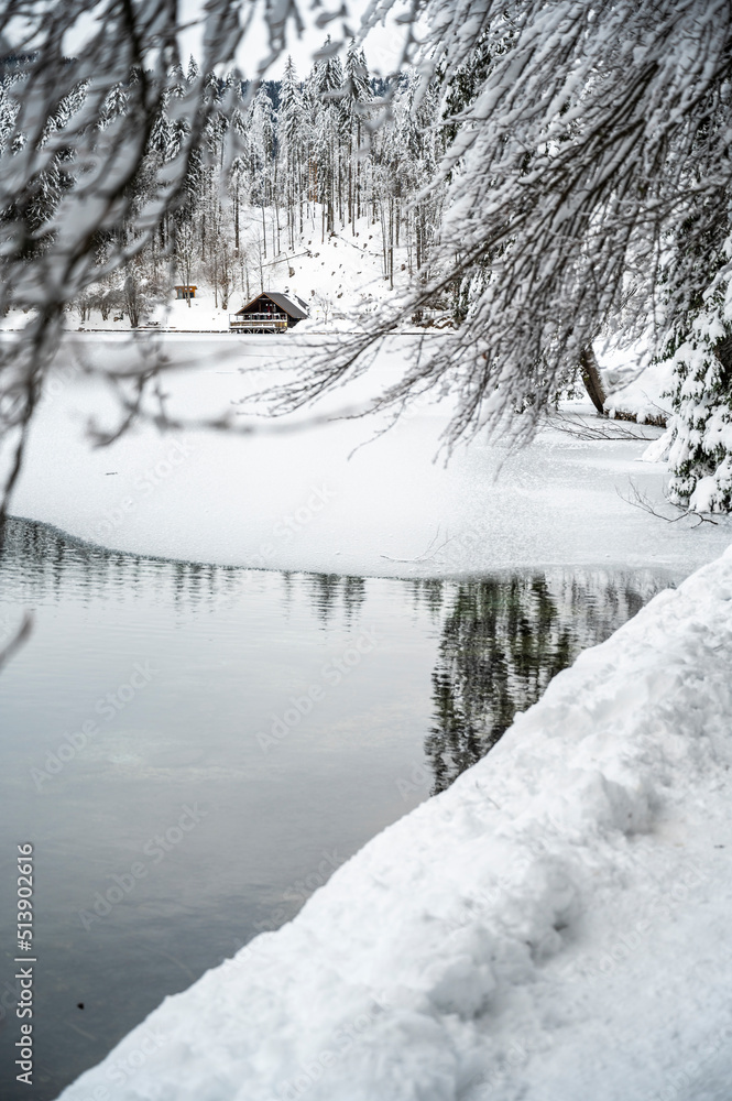 Snow winter in Fusine. Magic of the lower lake. Snow winter in Fusine. Magic of the lower lake.