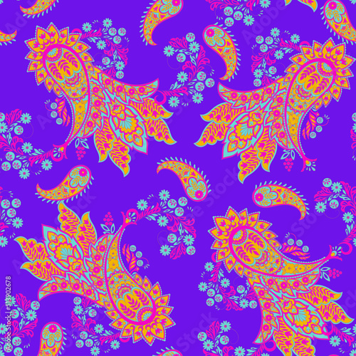Paisley vector seamless pattern. Fantastic flower, leaves. Batik style painting. Vintage background © antalogiya