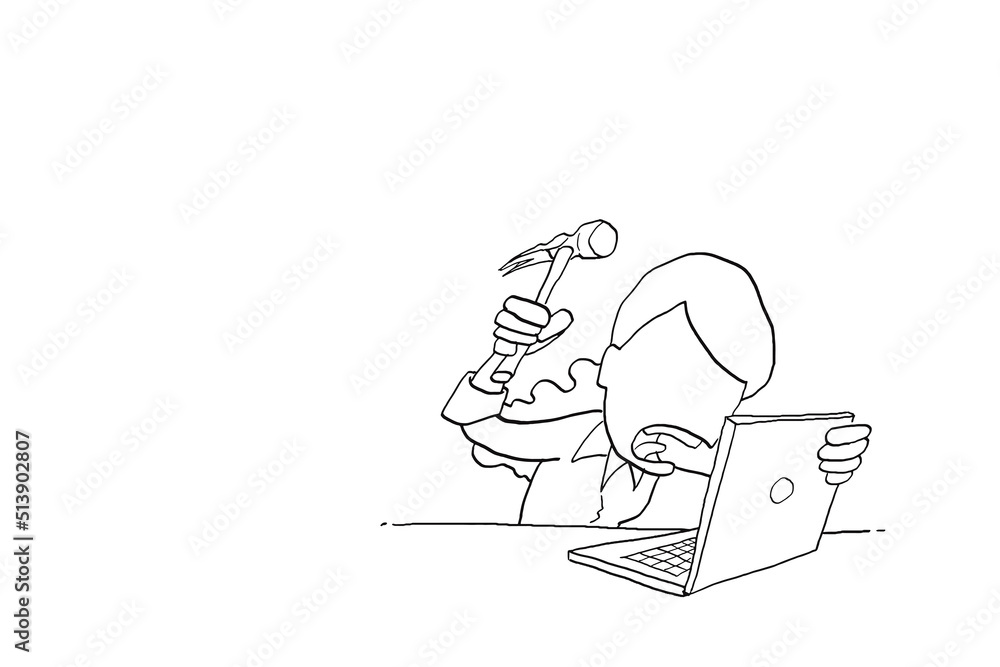 Stress female worker get angry and want to hammer the laptop. Cartoon vector illustration design