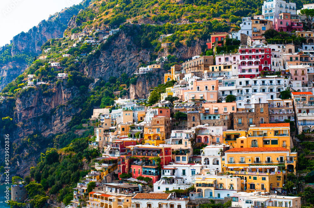 Panorama of Positano with colorful houses resting climbing up the hill, Amalfi coast, Campania, Italy