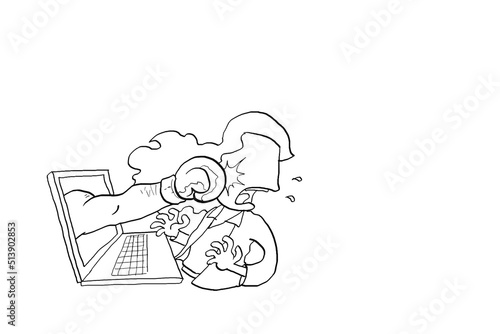 Business woman getting puched by boxer hand appeared from laptop. Overwork concept. Cartoon vector illustration design