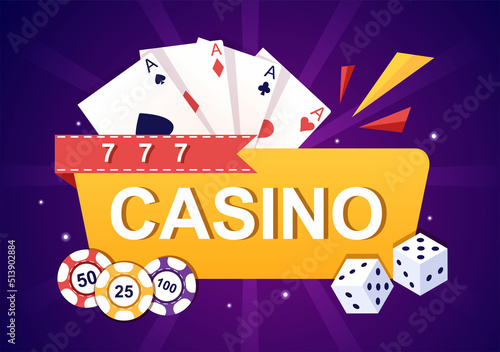 Casino Cartoon Illustration with Buttons, Slot Machine, Roulette, Poker Chips and Playing Cards for Gambling Style Design