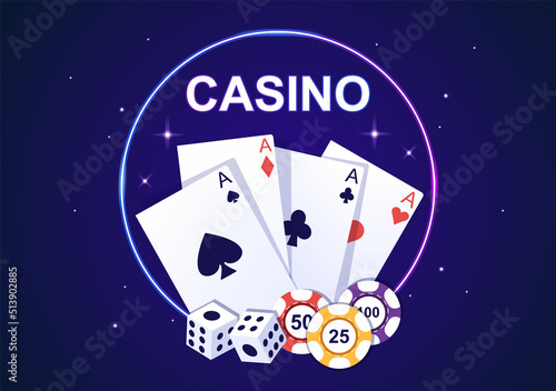 Casino Cartoon Illustration with Buttons, Slot Machine, Roulette, Poker Chips and Playing Cards for Gambling Style Design