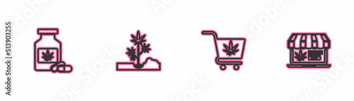 Set line Medical bottle with marijuana, Shopping cart, Planting and Online buying icon. Vector