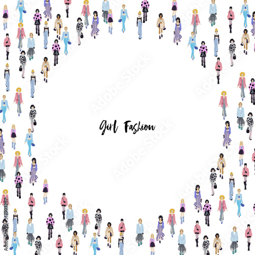 Women in trendy clothes. Fashion vector frame