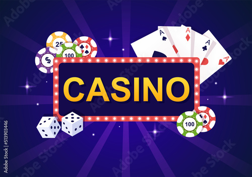 Casino Cartoon Illustration with Buttons, Slot Machine, Roulette, Poker Chips and Playing Cards for Gambling Style Design