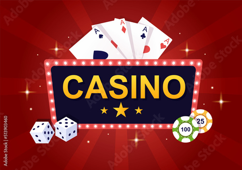 Casino Cartoon Illustration with Buttons, Slot Machine, Roulette, Poker Chips and Playing Cards for Gambling Style Design