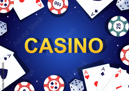 Casino Cartoon Illustration with Buttons, Slot Machine, Roulette, Poker Chips and Playing Cards for Gambling Style Design