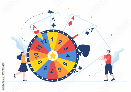 Casino Cartoon Illustration with Buttons, Slot Machine, Roulette, Poker Chips and Playing Cards for Gambling Style Design