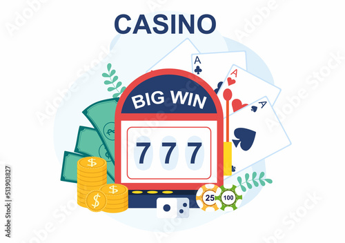 Casino Cartoon Illustration with Buttons, Slot Machine, Roulette, Poker Chips and Playing Cards for Gambling Style Design